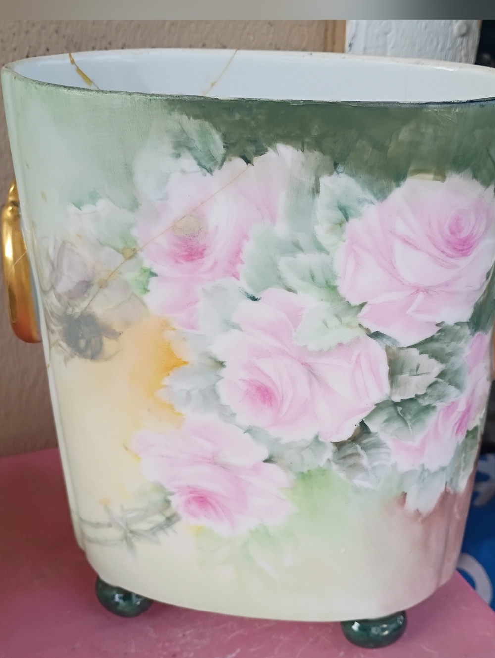 Vintage "William Guerin" Limoges Hand-Painted Porcelain Cache Pot with damage. F